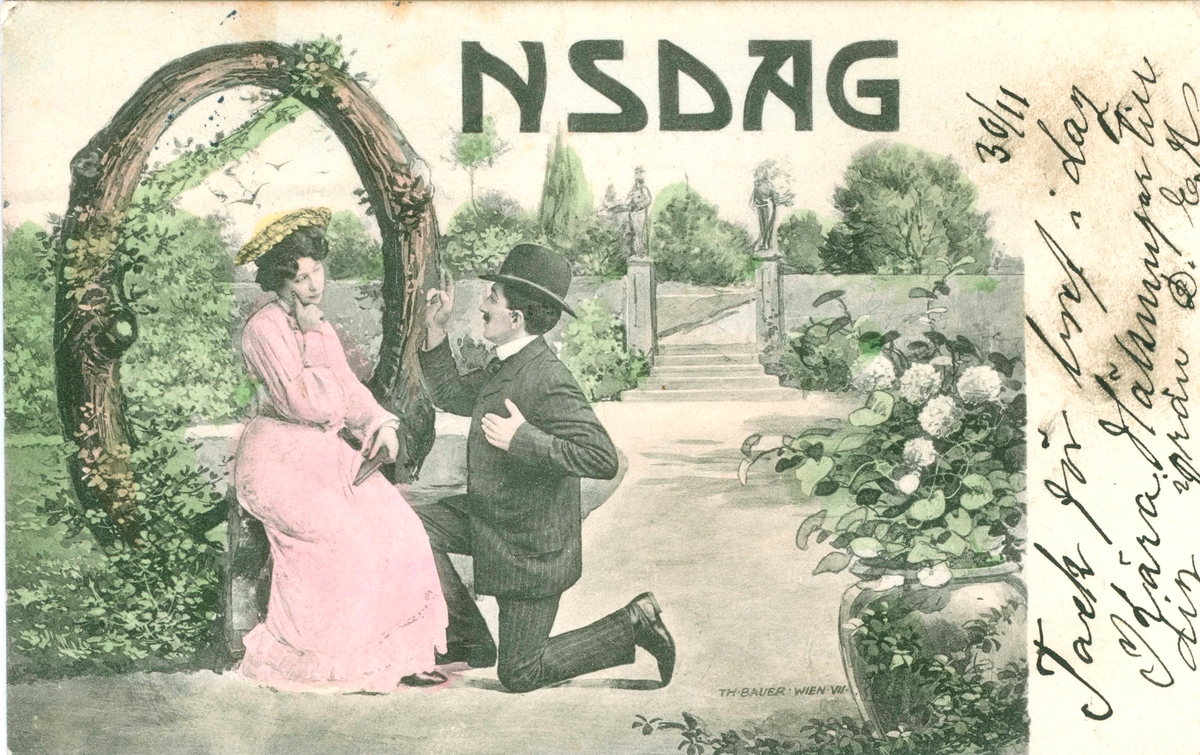 Vykort skickat till Kristina Andersson, född 1865 i Böda, syster till N J Andersson, när hon bodde i USA. Det är skrivet av Edvard Nilsson i Böda. På sidan av kortet står skrivet: "30/11.Tack för bref i dag. Kära hälsningar till dig i från D E N."