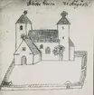 Alböke kyrka. Petrus Törnewall teckning efter Johannes Haquini Rhezelius.
Troligen tecknad 1673.