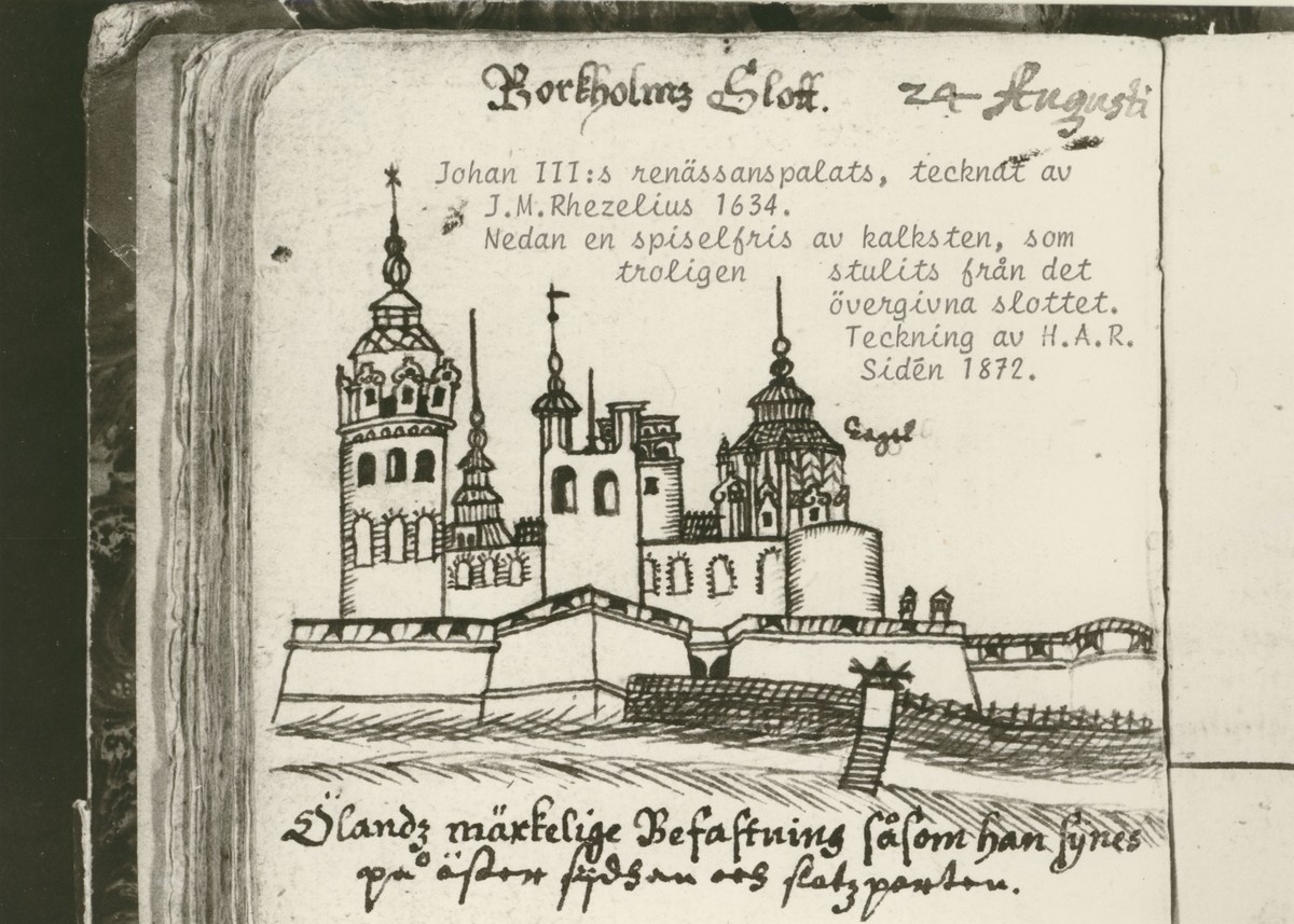 Borgholms slott 1634. Efter teckning av J.H. Rhezelius (Ahlqvist).
"Ölands märklige Befästning Borgholm, såsom han synes på öster sÿdhan. Af J.H. Rhezelius."