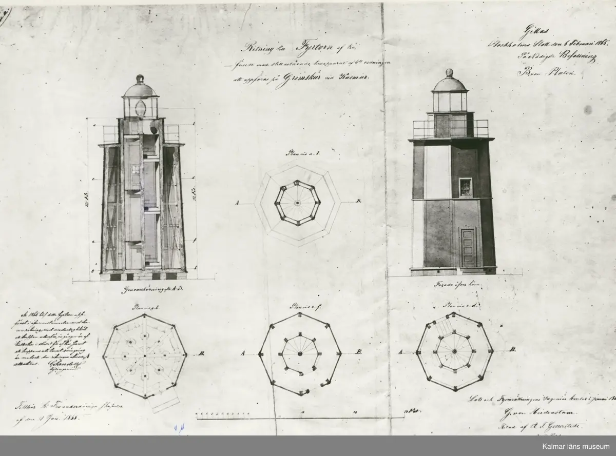 Ritning till Fyrtorn av trä, utrustad  med stillastående linsapparat, den 4:de ordningen att uppföras på Grimskär vid Kalmar av A.T.Gellerstedt  den 6 februari 1865.  på befallning, B. von Platen. Sjöfartstyrelsens arkiv.
Se f.ö. artikel av professor Martin Olsson i Kalmar län 1965, sid.39, fig. 21.