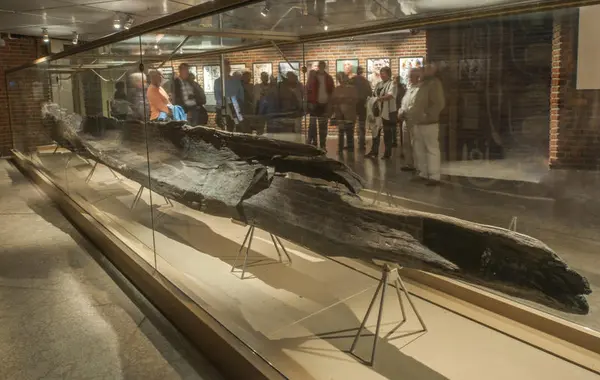 Stokkebåt i monter på museet.