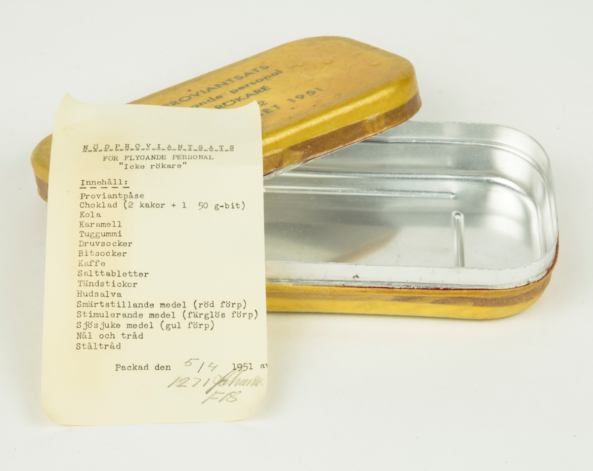 Ask till nödproviantsats för flygande personal, icke rökare. Flygvapnet 1951.