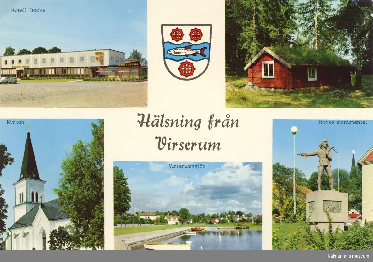 Vykort från Virserum med motiv från hotell Dacke, hembygdsparken, kyrkan, Virserumssjön och Dackemonumentet.