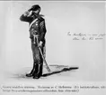 Gamla modellens hälsning. Uniform 1800-talet. Teckning av C Hellström. (Ur karikatyralbum tillhörigt Svea artilleriregementes officerkår, från 1800-talet.)