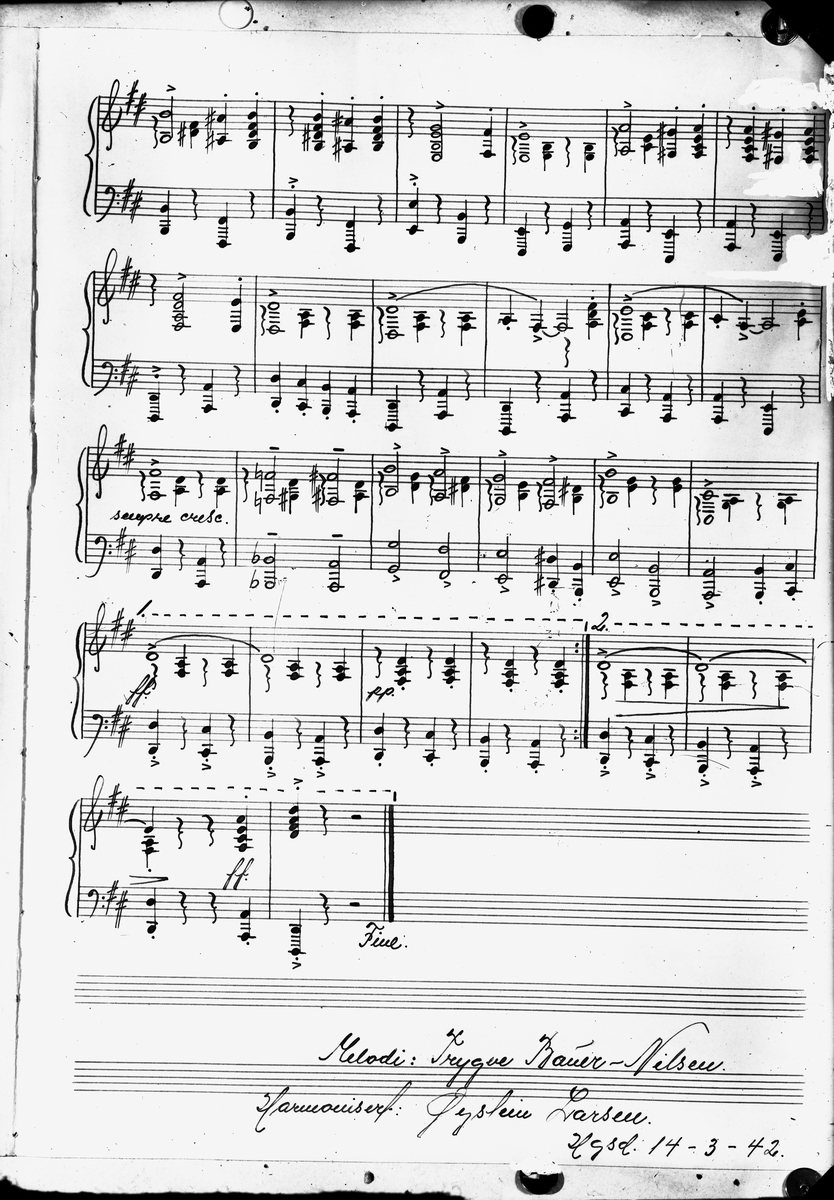 Musikknoter. Kopi av noteark. Bestillt av Trygve Bauer Nilsen.