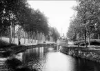 Göta kanal. Parti från Forsvik, passagerarbåt passerar. Endast glasneg finns. Foto: Alfred Sjöberg.