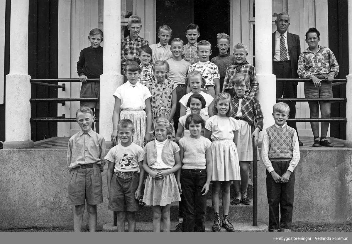 Klass 3-6, Höstterminen 1954, Bäckseda skola.
Främre raden från vänster (ståendes på grusgången): Kurt Paulsson, Kenneth Isaksson, Monika Oliv, Eva Johansson och kjell Samuelsson. 
Ståendes på första trappsteget från vänster: Lena Johansson och Gerd Lundin.
Tredje raden nerifrån från vänster: Lena Arvidsson, Inger Svensson, Maj-Lis Ahlgren och Berit Lundin.
Fjärde raden nerifrån från vänster: Bo Arvidsson, Gösta Bexell, Lars Karlsson och Lars-Åke Starck.
Översta raden från vänster: Bertil Nilsson, Arne Ahlgren, Inge Nilsson, Berne Isaksson, Stig Wirdeland, läraren Gunnar Johansson och Lars Ahlgren. g