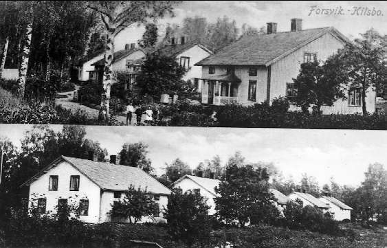 Forsvik, vy över bruksbostäderna i Kilebo omkr 1880-talet. Taket på det närmaste huset (nr 9) fick plåttak efter branden.