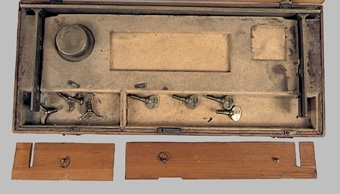 Enl liggare: " Avvägningsinstrumentlåda, trälåda, klädd invändigt med sämskskinn. Kvar 2 instrument och 8 vingskruvare. Synes tillhört jägmästare A. Aspengren, Mariestad."