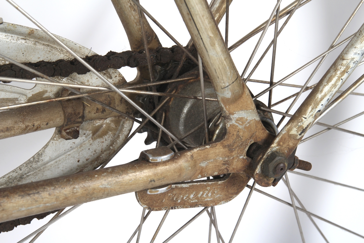 Grålakkert damesykkel med sykkelpumpe.