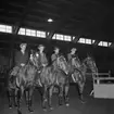 Ryttartävling i SKLS (Skaraborgs Läns Slakteriförening) uppvisningshall, Skara. December 1950. Från vänster Allan Hofling, okänd, B Leverin, Vara, okänd.