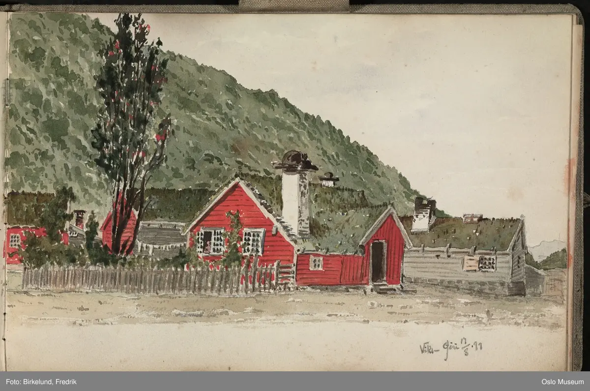 Innbundet skissebok med blyantskisser og malte skisser fra Vikøyri, Vik i Sogn og Hove steinkirke.