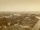 Vy över stadsparken i Kalmar, tagen från slottet.
Stadsparken i Kalmar anlades 1870 sedan staden löst in den s k Brittellska gården från familjen Krusenstierna. Parken bekostades av grosshandlare Johan Jenasson vars byst finns i parken. 
Flera av byggnaderna på bilden finns kvar än idag. Lättast att känna igen är fängelset till höger och Tullbroskolan rakt fram. I fjärran till vänster skymtar Norrgård, nu en centralt belägen byggnad, 1890 en utpost mot nordväst.