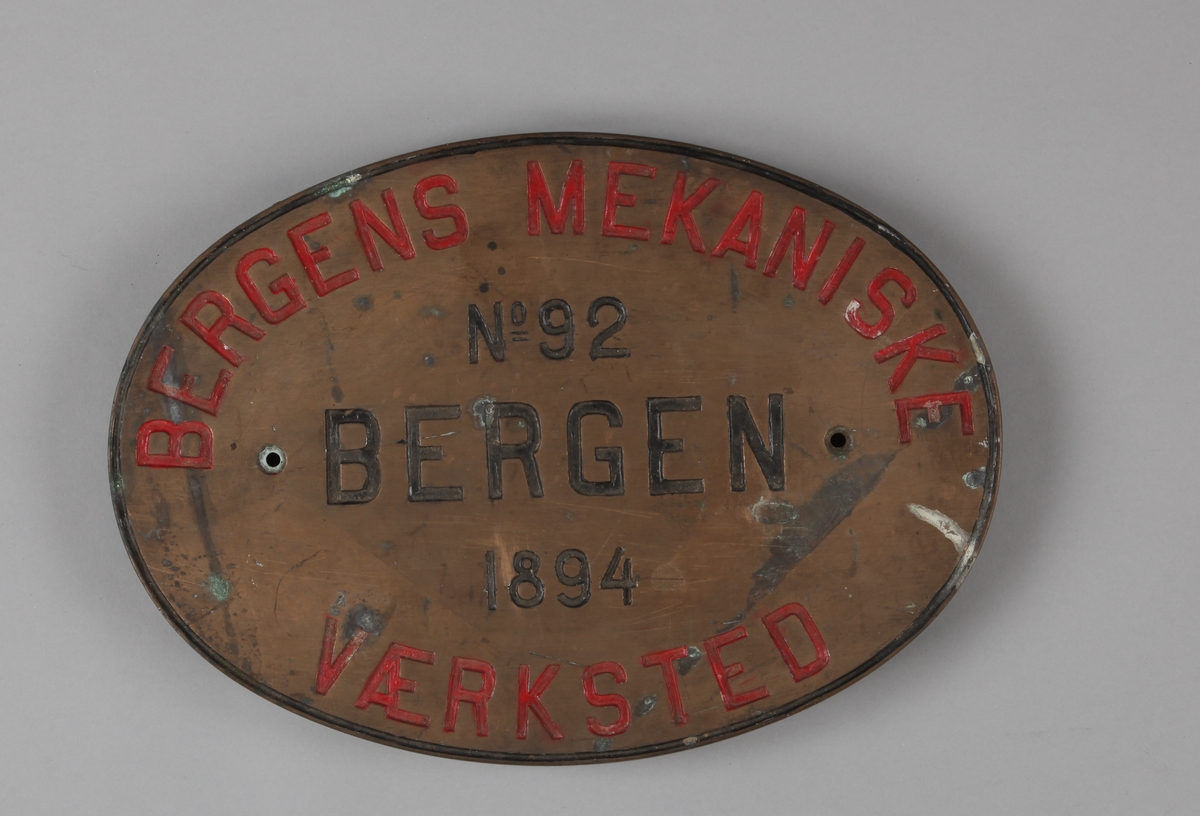 Byggeskilt: Bergens Mekaniske Værksted no. 92, Bergen 1894.