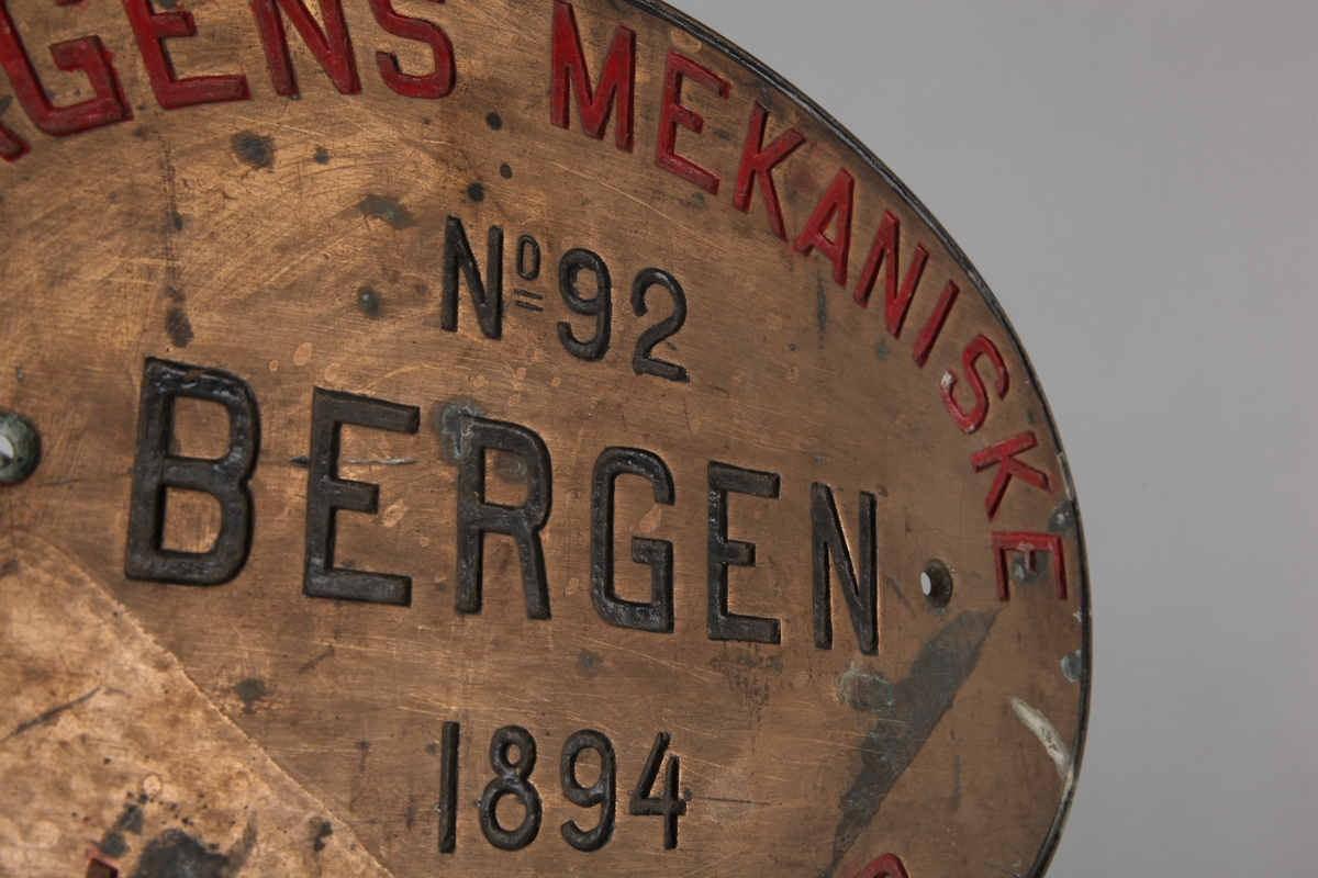 Byggeskilt: Bergens Mekaniske Værksted no. 92, Bergen 1894.