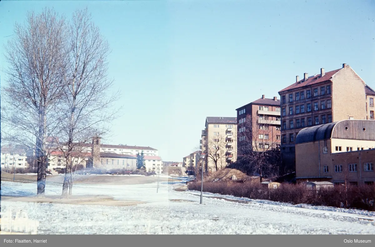 park, boligblokker, Iladalen kirke, bygård, snø