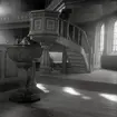 Gladhammar kyrka, interiör med dopfunt (1677).
