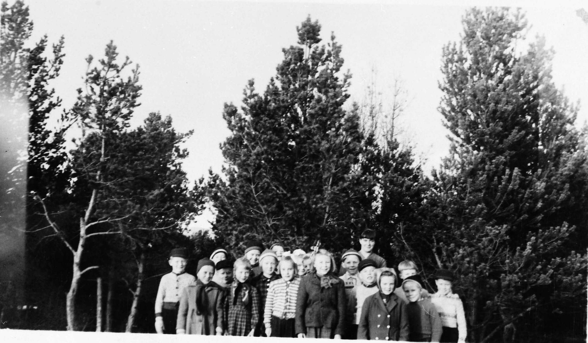 Gruppebilde, barn, klær, naturforhold. 
