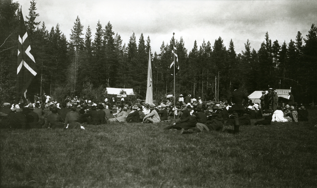 Masse mennesker forsamlet, sittende på bakken i Lutnes. To norske flagg (og et svensk?) - grensestevne.