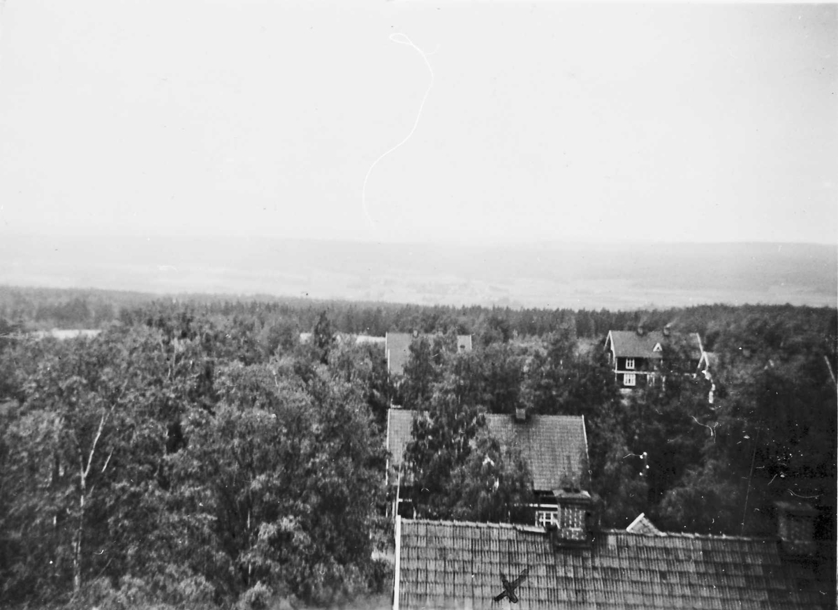 Oversiktsbilde over noen hus(-tak), naturforhold. 