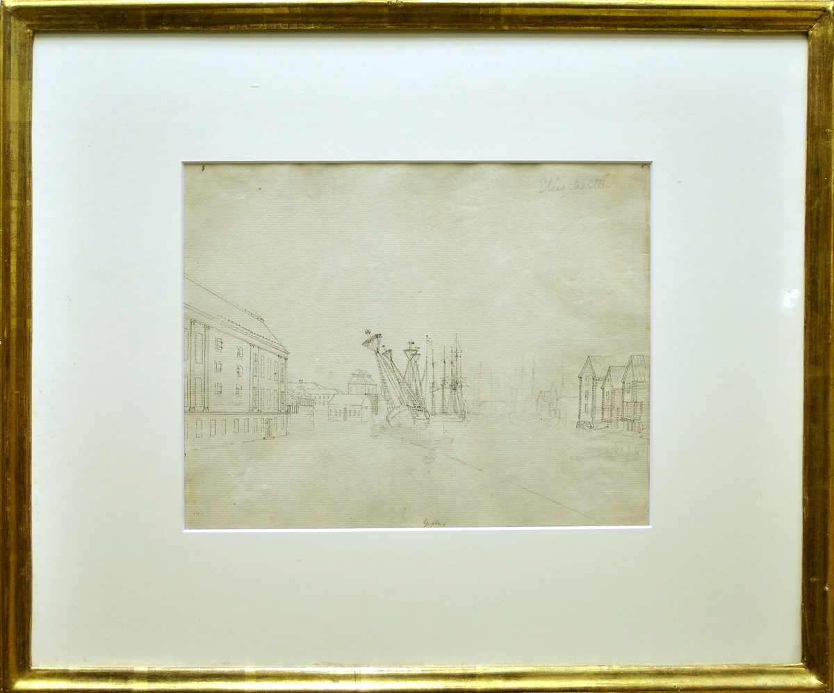 "Motiv från Gävle" av Elias Martin, 1780-tal. Blyerts på papper.
T.v Valley Elfstrandska huset i bakgrunden Norrra varvet och järnvågens våghus. T.h bodar vid Gavleåns södra trand.
