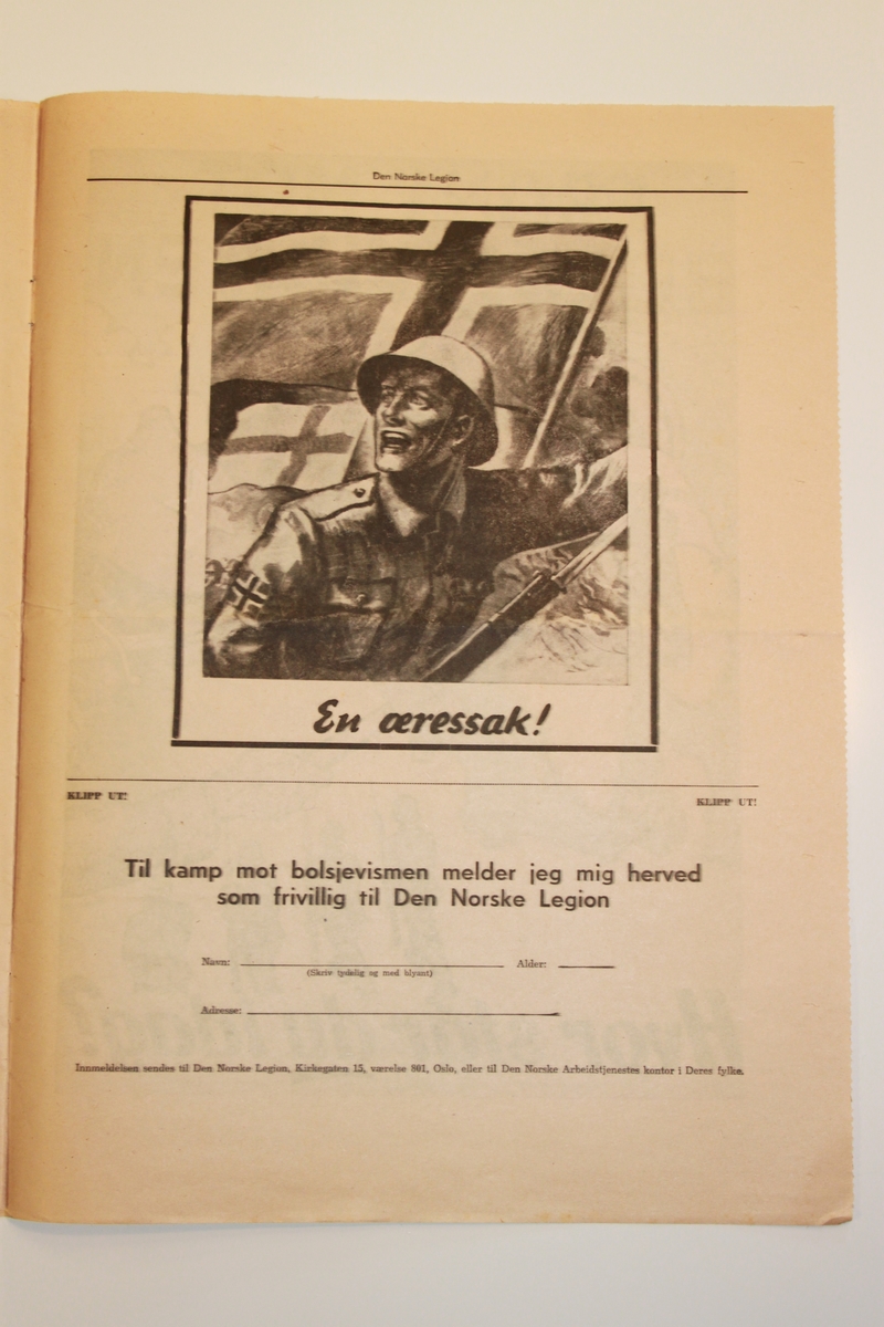 Forside. Mann m/hjelm og norsk flagg på ermet til uniformen, mot en bakgrunn av norsk flagg, finsk flagg og flammer i bakgrunnen. Tekst under i blått.