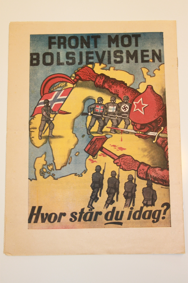 Forside. Mann m/hjelm og norsk flagg på ermet til uniformen, mot en bakgrunn av norsk flagg, finsk flagg og flammer i bakgrunnen. Tekst under i blått.