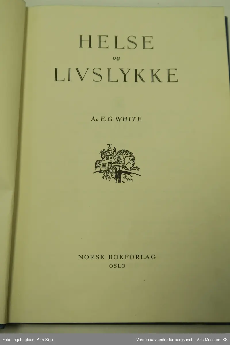Bok med blå perm. På forsiden er det et motiv av et hus med et stort tre i bakgrunnen, og et par som går mot huset.