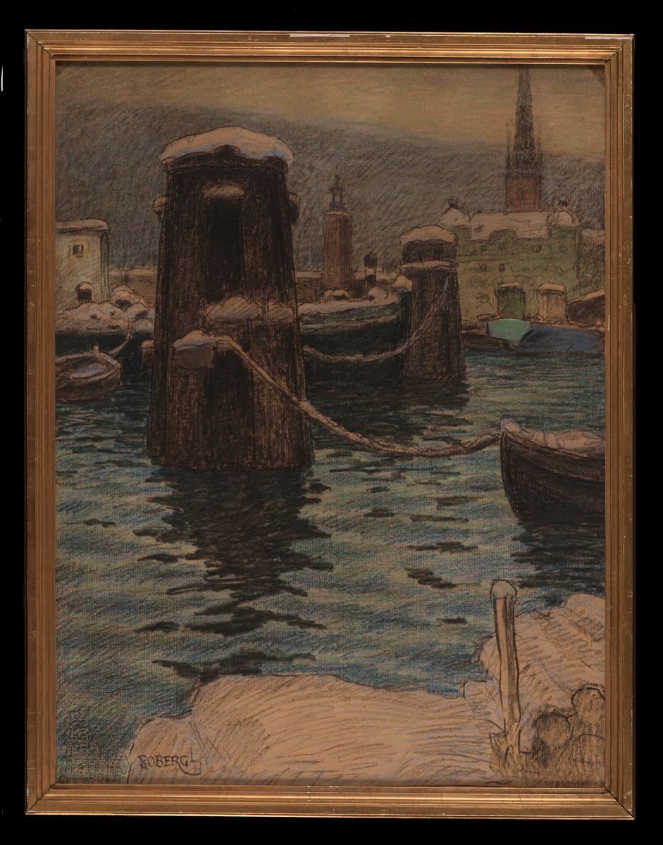 Motiv från Riddarfjärden, Stockholm, med dykdalber och pråmar.