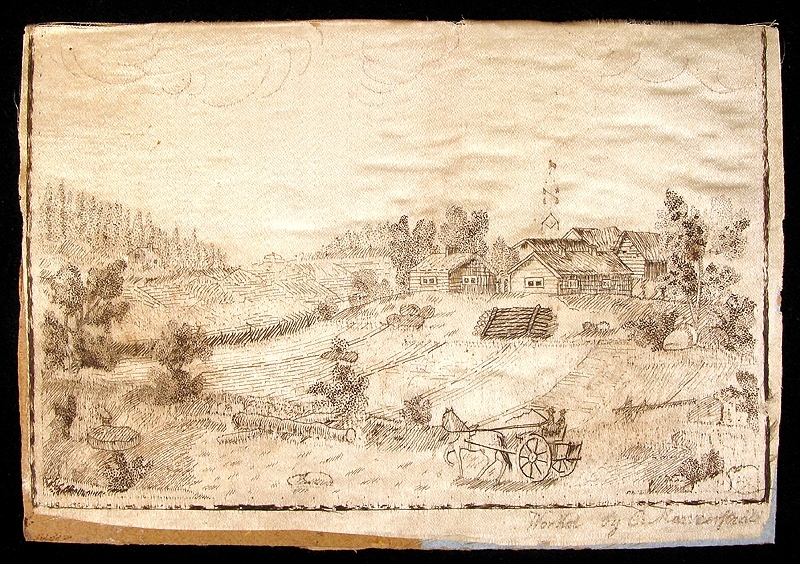 Broderade sidentavlor. Ram av trä, glas framför.
a) Motiv: ett timrat gårdskomplex med ett hästekipage framför. Mått: längd 17,5 cm, bredd 12,5 cm.
b) Motiv: två träd i bildens framkant samt klippor och byggnader i bakgrunden. Mått: längd 20 cm, bredd 14,5 cm.