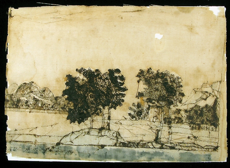 Broderade sidentavlor. Ram av trä, glas framför.
a) Motiv: ett timrat gårdskomplex med ett hästekipage framför. Mått: längd 17,5 cm, bredd 12,5 cm.
b) Motiv: två träd i bildens framkant samt klippor och byggnader i bakgrunden. Mått: längd 20 cm, bredd 14,5 cm.