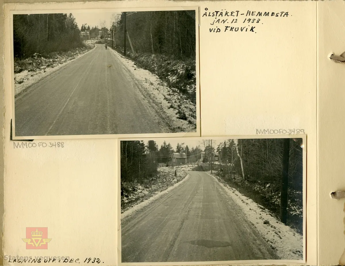 Album "Till Veidirektør Andreas Baalsrud,  Fr. A.S.W. Odelberg, Gustavsberg, Sverige. Oslo 4 feb 1933. Försök: Tiärinbränkt grusbana. 1932". Informasjon til bildene er skrevet for hånd. Innholdet i albumet viser tjærebehandling av veger i Sverige. Ref. til tre artikler i "Meddelelser av Veidirektøren", Nr. 11-November 1933. "Om tjærebehandling av veier, særlig med henblikk på den nye svenske metode," av avdelingsingeniør Axel Keim, side 163. "Billige  veidekker. Beretning om en studietur til Sverige og Danmark", av ingeniør Th. Resen-Fellie, side 168. Og på samme side fortsetter artkkelen  "Tjærebehandling av veier i Sverige", som er omtalt fra dette album. En ny metode for tjærebehandling av svenske grusveger er kort beskrevet I "Meddelelser fra Veidirektøren", Nr. 8-August 1932, side 130, og som knyttes til de andre artiklene.  Se vedlegg i nedlastinger.