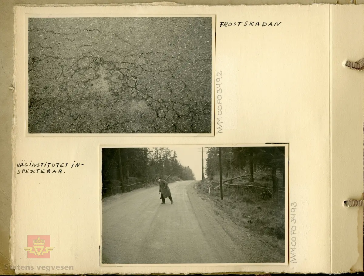 Album "Till Veidirektør Andreas Baalsrud,  Fr. A.S.W. Odelberg, Gustavsberg, Sverige. Oslo 4 feb 1933. Försök: Tiärinbränkt grusbana. 1932". Informasjon til bildene er skrevet for hånd. Innholdet i albumet viser tjærebehandling av veger i Sverige. Ref. til tre artikler i "Meddelelser av Veidirektøren", Nr. 11-November 1933. "Om tjærebehandling av veier, særlig med henblikk på den nye svenske metode," av avdelingsingeniør Axel Keim, side 163. "Billige  veidekker. Beretning om en studietur til Sverige og Danmark", av ingeniør Th. Resen-Fellie, side 168. Og på samme side fortsetter artkkelen  "Tjærebehandling av veier i Sverige", som er omtalt fra dette album. En ny metode for tjærebehandling av svenske grusveger er kort beskrevet I "Meddelelser fra Veidirektøren", Nr. 8-August 1932, side 130, og som knyttes til de andre artiklene.  Se vedlegg i nedlastinger.