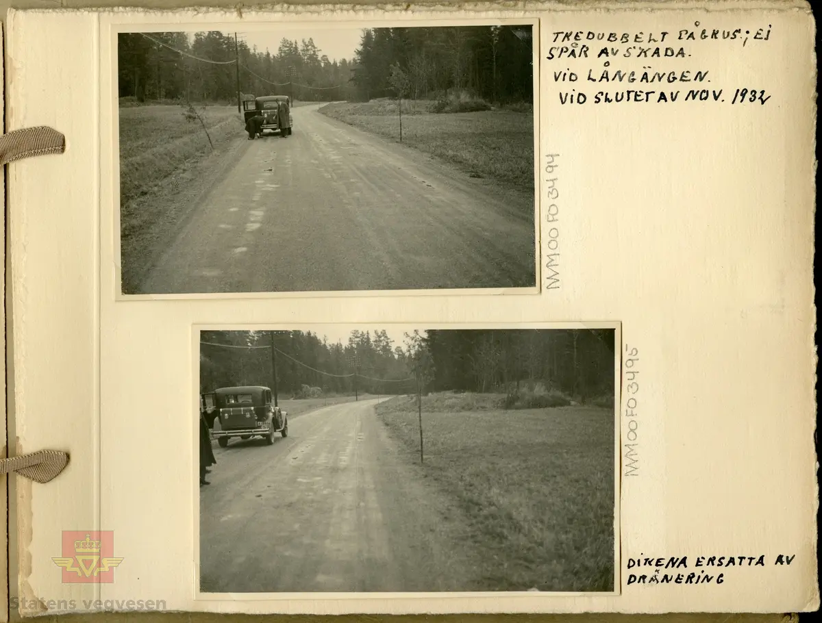 Album "Till Veidirektør Andreas Baalsrud,  Fr. A.S.W. Odelberg, Gustavsberg, Sverige. Oslo 4 feb 1933. Försök: Tiärinbränkt grusbana. 1932". Informasjon til bildene er skrevet for hånd. Innholdet i albumet viser tjærebehandling av veger i Sverige. Ref. til tre artikler i "Meddelelser av Veidirektøren", Nr. 11-November 1933. "Om tjærebehandling av veier, særlig med henblikk på den nye svenske metode," av avdelingsingeniør Axel Keim, side 163. "Billige  veidekker. Beretning om en studietur til Sverige og Danmark", av ingeniør Th. Resen-Fellie, side 168. Og på samme side fortsetter artkkelen  "Tjærebehandling av veier i Sverige", som er omtalt fra dette album. En ny metode for tjærebehandling av svenske grusveger er kort beskrevet I "Meddelelser fra Veidirektøren", Nr. 8-August 1932, side 130, og som knyttes til de andre artiklene.  Se vedlegg i nedlastinger.