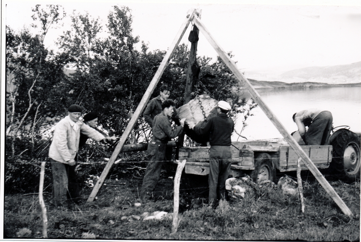 Steinbryting under bygging av "kvinnekaia" på Lekangsund, Tranøy 1957.