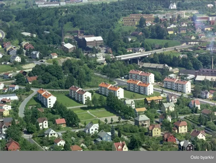 Maridalsveien til høyre, Bakkehaugveien til venstre. Villabebyggelsen i Blåsbortveien og Ustvedts vei nærmest. Ringveien over Nydalsbrua i bakgrunnen.  (Flyfoto)