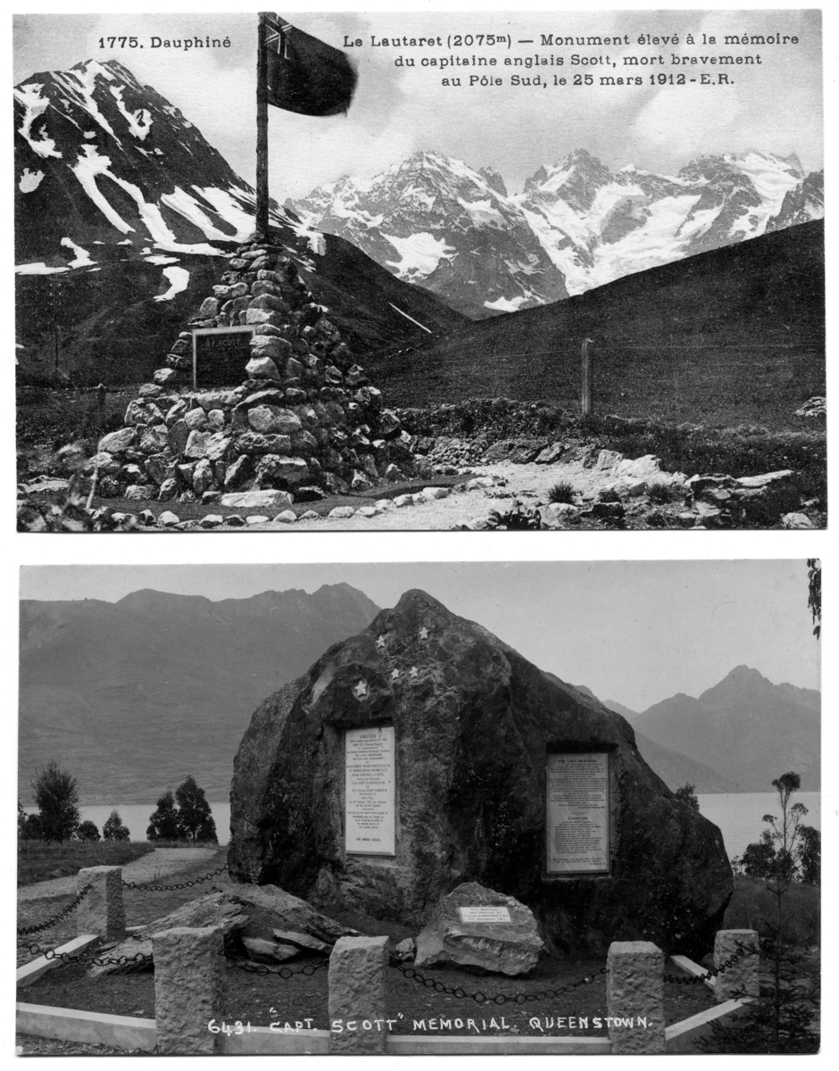 Två vykort med minnesmonument som motiv: "6431 Capt. Scott Memorial, Queenstown." respektive "1775 Dauphiné Le Lautaret (2075m) - Monument élevé à la mémoire du capitaine anglais Scott, mort bravement au Pole Sud, le 25 mars 1912 - E.R."
