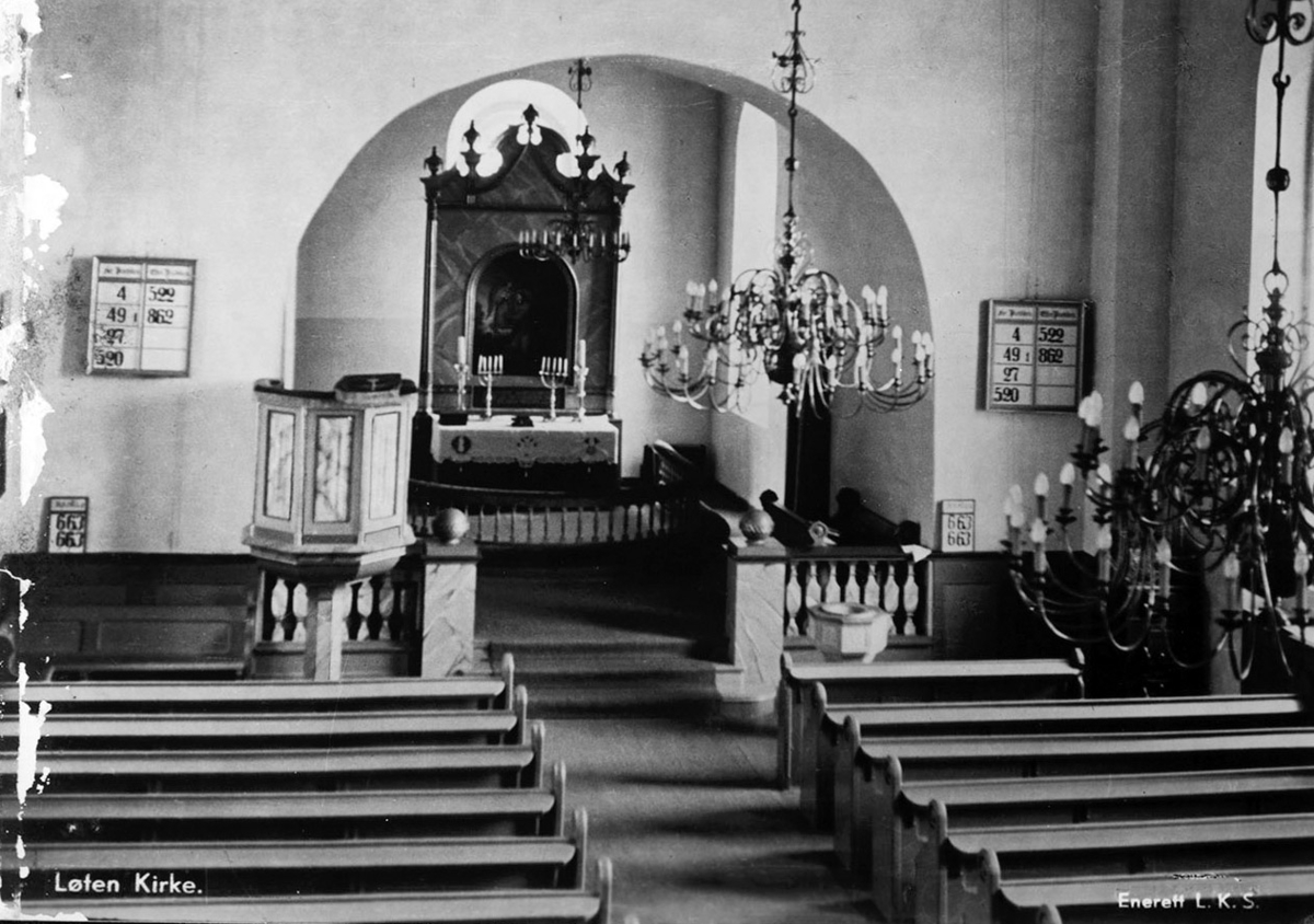 Løten kirke, interiør. Postkort. Eneret L.K.S.