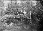 Josef, Sara och Irma sitter på en trädstam i skogen, Östhammar, Uppland