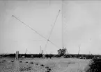 Karlsborgs radiostation i Kråk. Från mastresningen, år 1916. Masterna är konstruerade av professor K Ljungberg, Stockholm, var 210 m höga och vägde 25 ton. Foto: Alfred Sjöberg, Karlsborg. Masterna revs i mars år 2001.