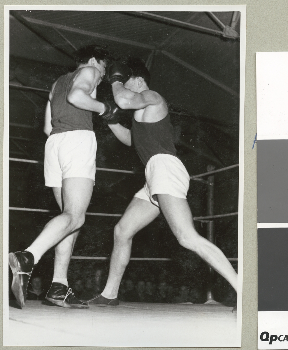 Två män står i en boxningsring och boxas. På golvet utanför ringen syns åskådare.
