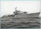 Engelska jagaren H.M.S. Zambesis styrbordssida. Från Engelska besöket i Karlskrona den 9-14 september 1951.