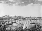 Vy från Stockholm 1852 i resebroschyr för Göta Kanal.