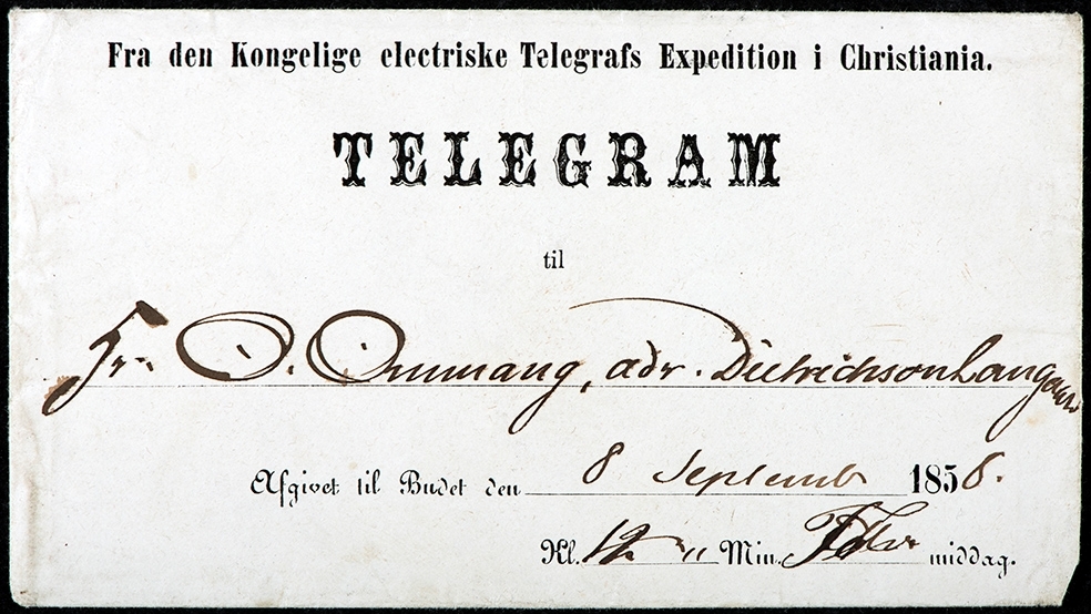 Telegram sendt O. Ommang 8.september 1858. Fra den Kongelige elektiske Telegrafs Expedition i Christiania.