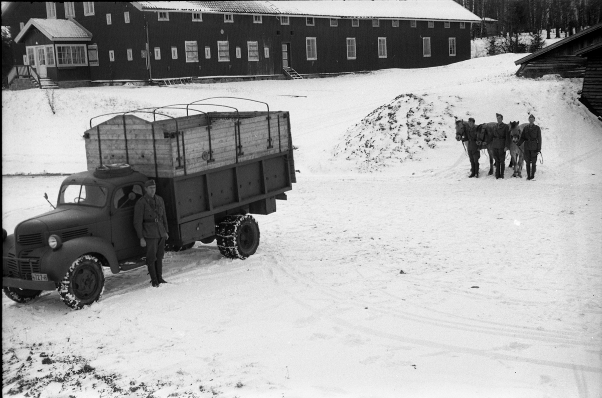 Hestetransport med lastebil ved Hærens Hesteskole på Starum oktober 1948. Serie på 18 bilder.
Iflg. informant ble bilder av denne typen brukt til å lage instruksjonshefter/lærebøker til bruk for Hærens hestetjeneste. Se også TMF-4844 og TMF-4864.