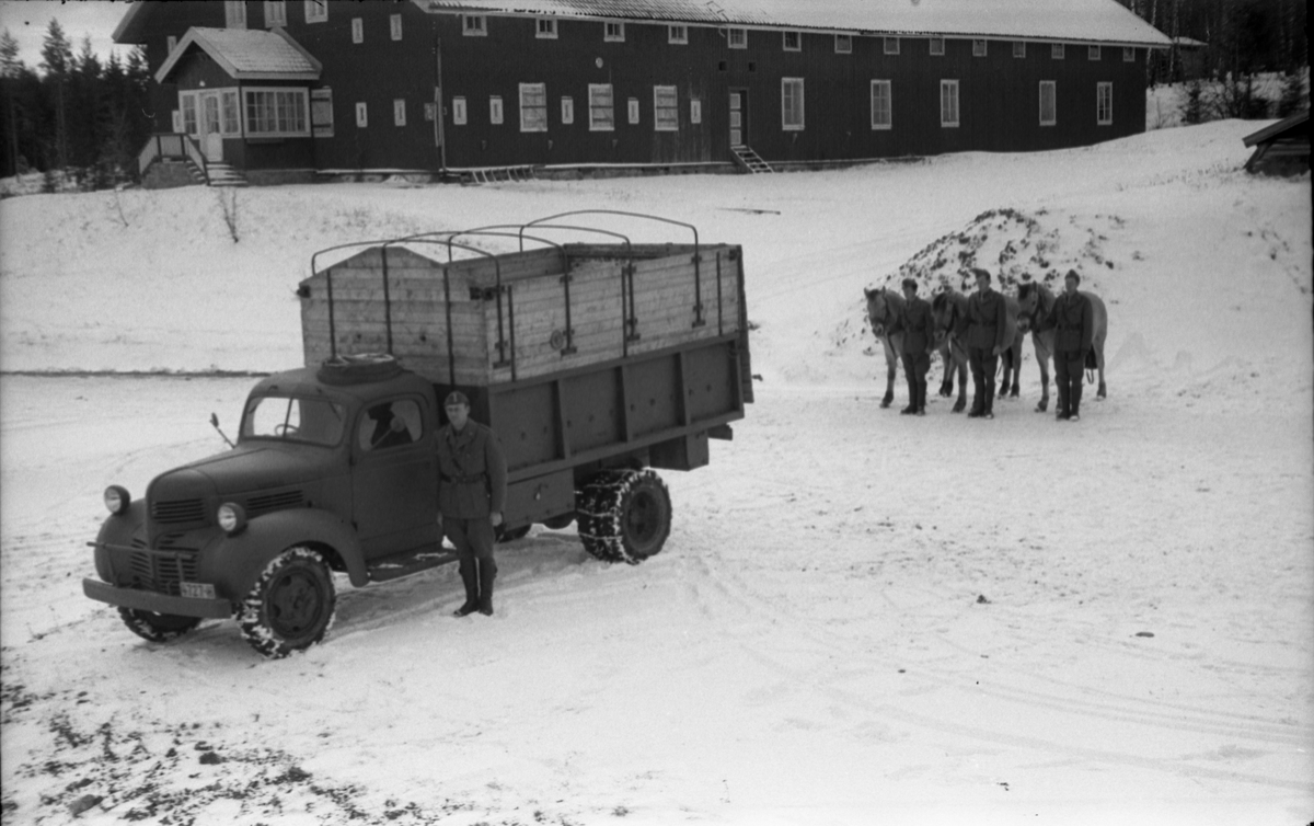 Hestetransport med lastebil ved Hærens Hesteskole på Starum oktober 1948. Serie på 18 bilder.
Iflg. informant ble bilder av denne typen brukt til å lage instruksjonshefter/lærebøker til bruk for Hærens hestetjeneste. Se også TMF-4844 og TMF-4864.