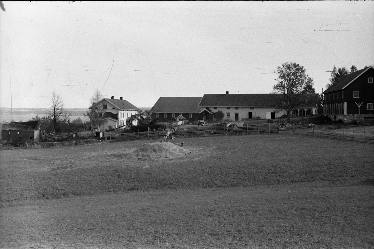 Branntomt etter låve- og stabbursbrann på Helgestad Store Vestre i Totenvika 29.september 1950. Totens Blad skrev at "En del avling, redskaper og 10 grisunger strøk også med". Serie på 14 bilder.