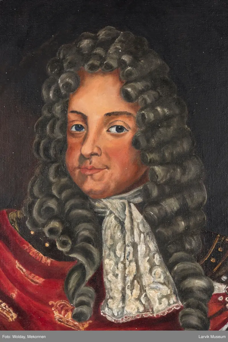 Christian V i brun drakt og rød kappe