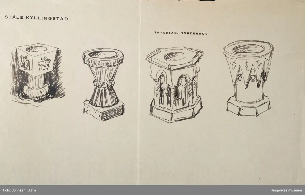 Tegning av Ståle Kyllingstad. Ant. tegninger og skisser til nye døpefont til Norderhov kirke.