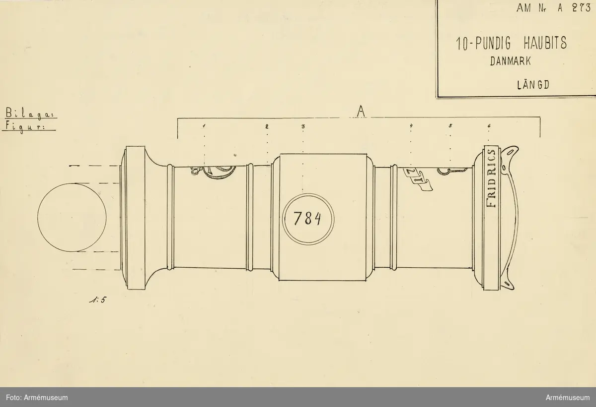 Grupp A I.

Haubitsen är ett enkelt eldrör med förtjockat tappstycke. Druva i egentlig mening saknas. I stället är på bottensiraterna fäst ett band (detta går vinkelrätt mot tapparnas längdaxel), som i vardera änden är försett med ett remhål, avsett för riktningen. Mått har endast tagits på bottensiraterna.

Bottenstycket: På kammarsiraterna finns följande inskription: (plattrelief): på två st. nedsänkta, språkbandsliknande fält med  finkornig botten: .FRIDRICS (tecknat lodrät streck) WAERCK.Fängpannan: (tecknad bild) med uppstående kanter, omedelbart framför kammarsiraterna. Mellan fängpannan och kammarbandet finns ett språkband (relief; ytan närmast omkring är finkornig) med inskriptionen (siffror i planrelief på finkornig botten): 1780.

Tappstycket: Tappskivans form samt tappens placering på denna: (vänstra tappen sedd från vänster). Skiss: cirkel med 14,5 cm diam. Inre koncentrisk cirkel med 13 cm diam., märkt tapp, fältet mellan märkt tappskiva. Den vänstra tappen är märkt 784 i ring (instämplat). Långa fältet: Mellan tappstycket och frambandet finns en kontrollstämpel: Kristian VII:s monogram och därunder årtalet 1766 (sic!). Mitt mellan frambandet och halsbandet: Kristian VII:s krönta monogram (relief). Monogramets botten och ytan närmast omkring är finkornig. Trumfen: ringförstärkt. 

Eldrörslängd 93 cm. Bottenstycket: Bott.st. max diam 25,5 cm, d:o min diam 25,5 cm. Kam-sir. br. 7 cm. Kam.-bandsläge 24,5-25 cm, d:o bredd 1,5 cm.Tappstycket: Tappst. diam 30 cm. Tappst. läge 30,5 cm. Tappst. br. 26 cm. Tappsk. läge 39 cm. Tappläge I: 40 cm. Tappläge I. Tappl. 9,5 cm.  Tappdiam 13 cm. Långa fältet: L.fält. max diam 25,5 cm. L.fält min diam 25 cm. Fr.-bandsläge 60,5 cm. Fr.-bandsbr. 1,5 cm. Halsbandsläge 80-80,5 cm. Halsbandsbr. 1,5 cm. Trumf. max diam 30,5 cm. Loppets rel längd 5 kal.

Enl. danskt mått 20-pundig.